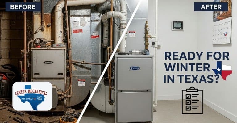 Before and after comparison of a furnace tune-up, showing a dirty furnace next to a clean furnace, ready for winter in Texas.