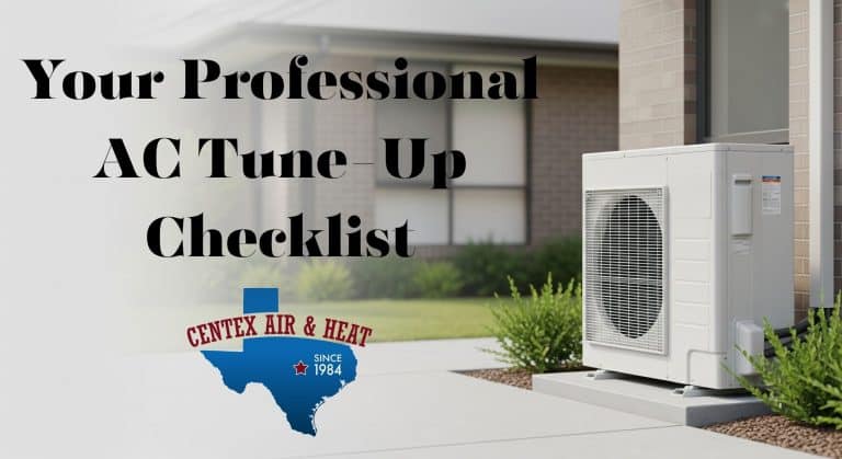 Professional AC tune-up checklist blog banner showing a modern air conditioner unit outside a home.