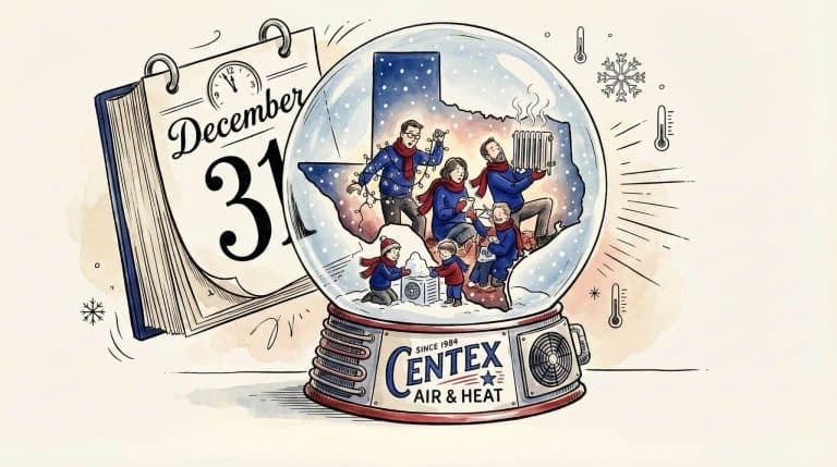 A hand-drawn editorial illustration in a New Yorker style. A snow globe shaped like the state of Texas contains a bundled-up family holding a radiator and building a snow AC unit amidst falling snow. Outside the globe, a large calendar page reads "December 31." The base of the snow globe features the Centex Air & Heat logo and the text "SINCE 1984."
