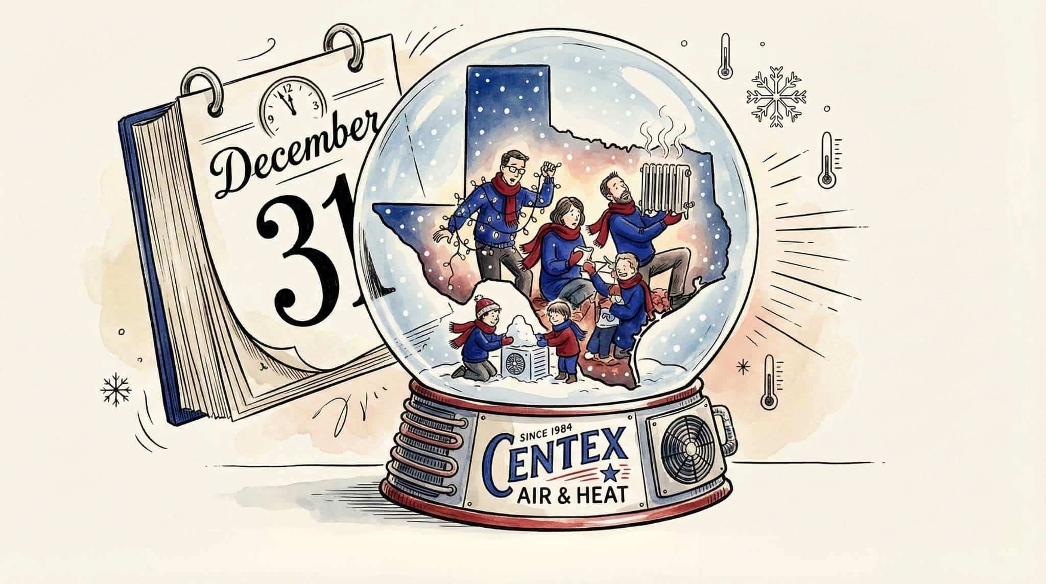 A hand-drawn editorial illustration in a New Yorker style. A snow globe shaped like the state of Texas contains a bundled-up family holding a radiator and building a snow AC unit amidst falling snow. Outside the globe, a large calendar page reads "December 31." The base of the snow globe features the Centex Air & Heat logo and the text "SINCE 1984."