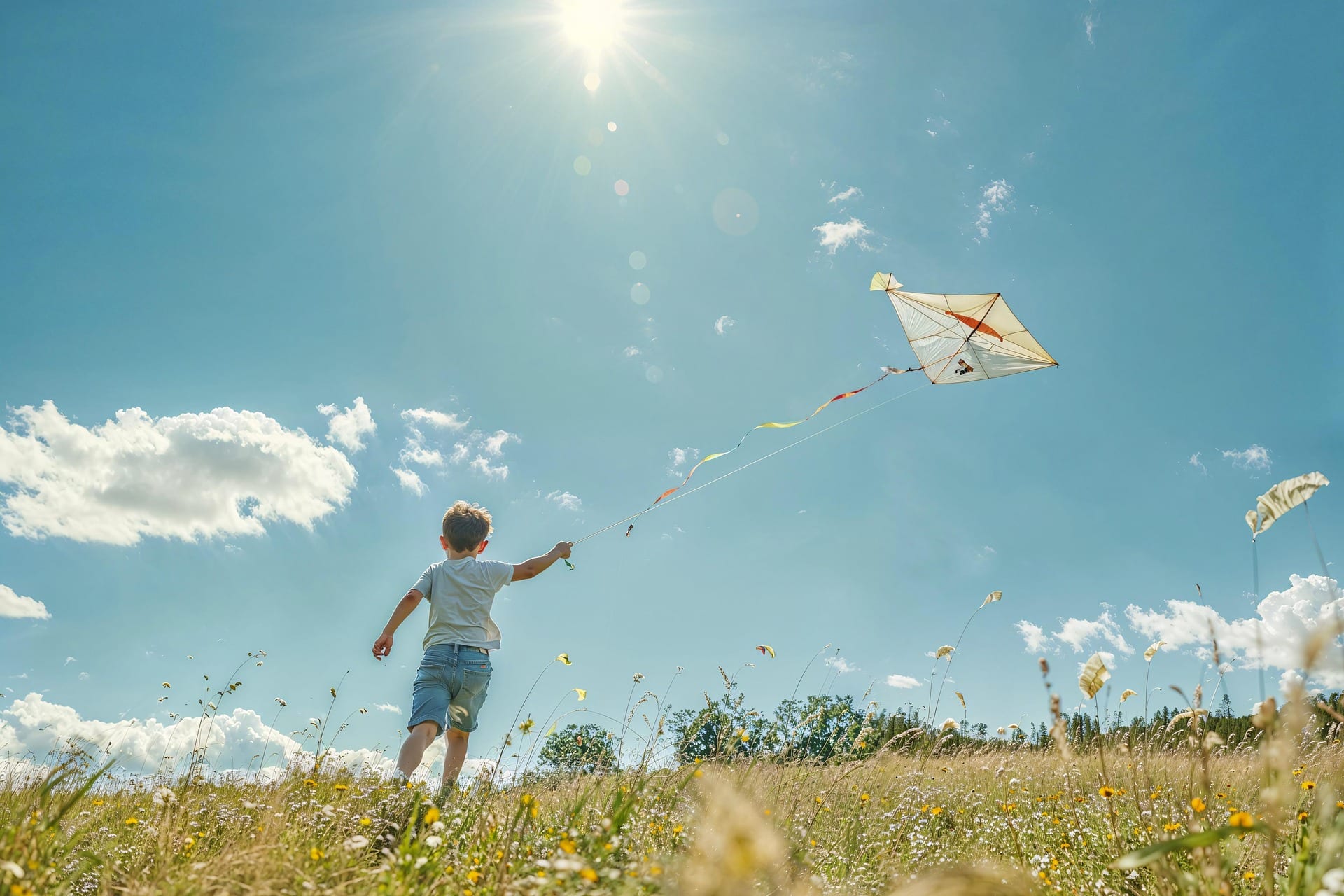 Boy running with a kite in sun.