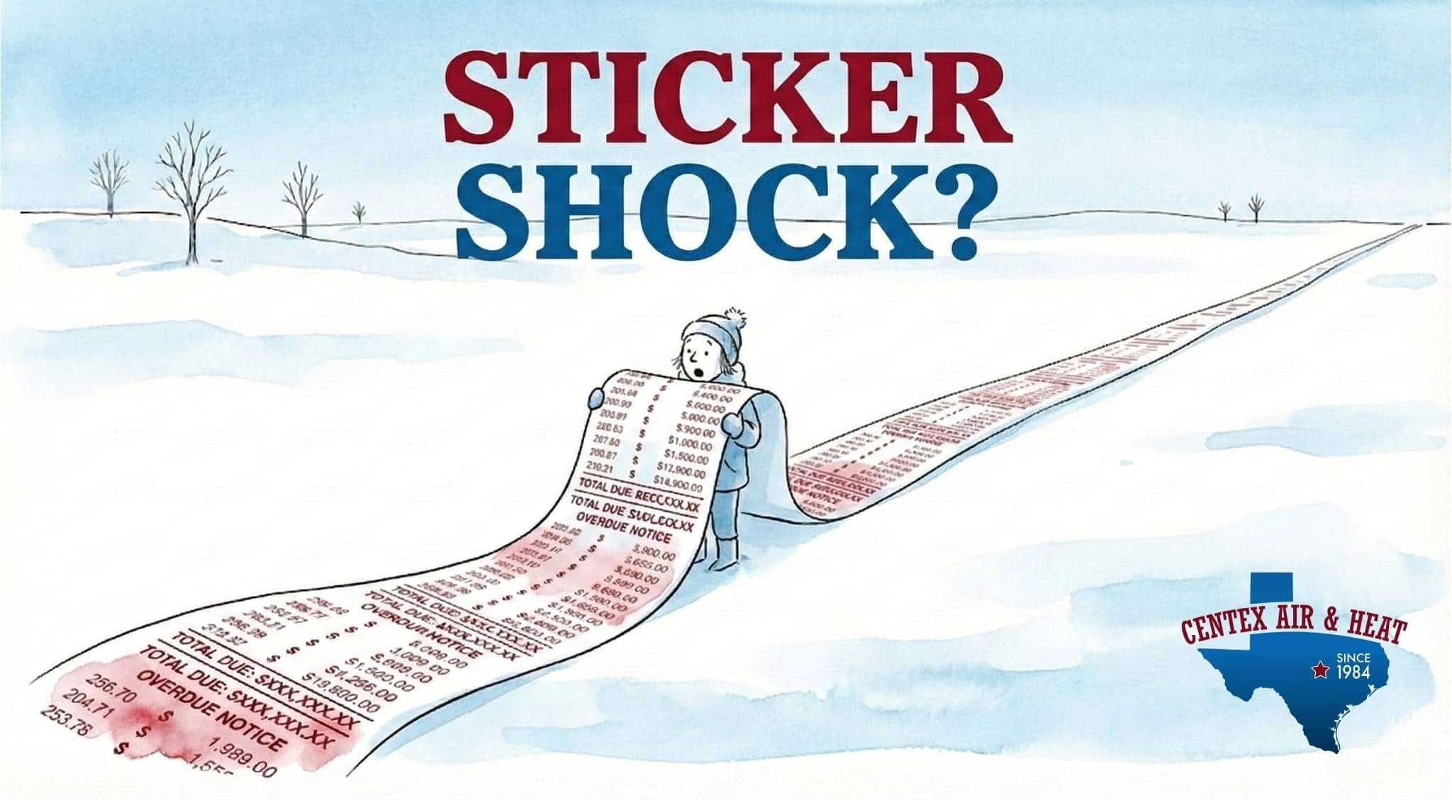 Illustration of a homeowner holding a massive, never-ending heating bill in the snow with Sticker Shock text overlay