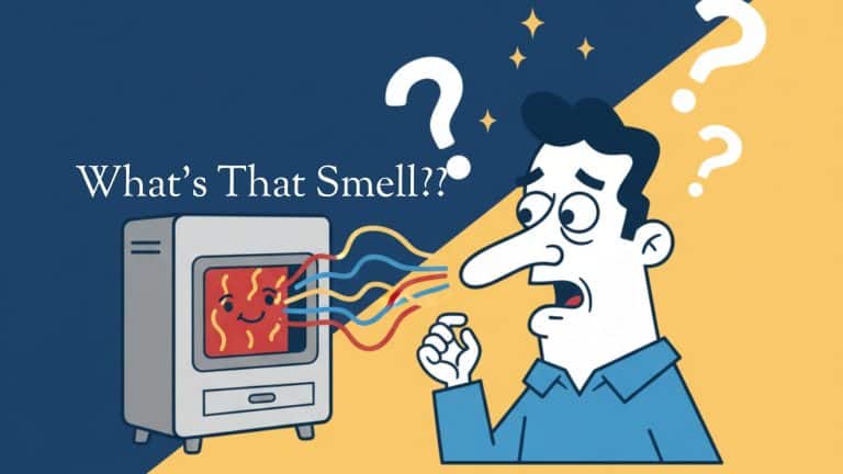 Cartoon man sniffing mysterious smells from a happy furnace with question marks. What's that smell? HVAC repair help.
